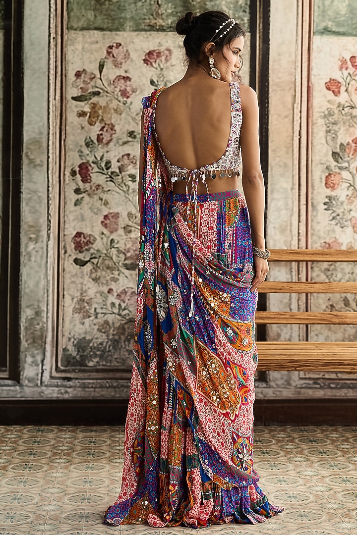 Multi-Colored Crepe Jaal Printed Tiered Skirt Wedding Saree Set by DiyaRajvvir at Pernia's Pop Up Shop