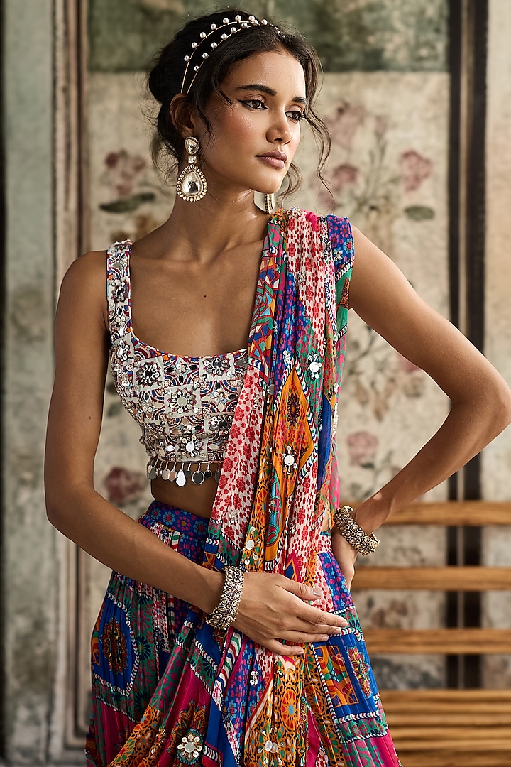 Multi-Colored Crepe Jaal Printed Tiered Skirt Wedding Saree Set by DiyaRajvvir at Pernia's Pop Up Shop
