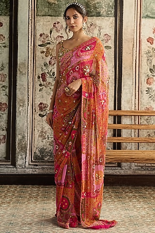 Yellow & Fuchsia Crepe Jaal Printed Draped Saree Set by DiyaRajvvir