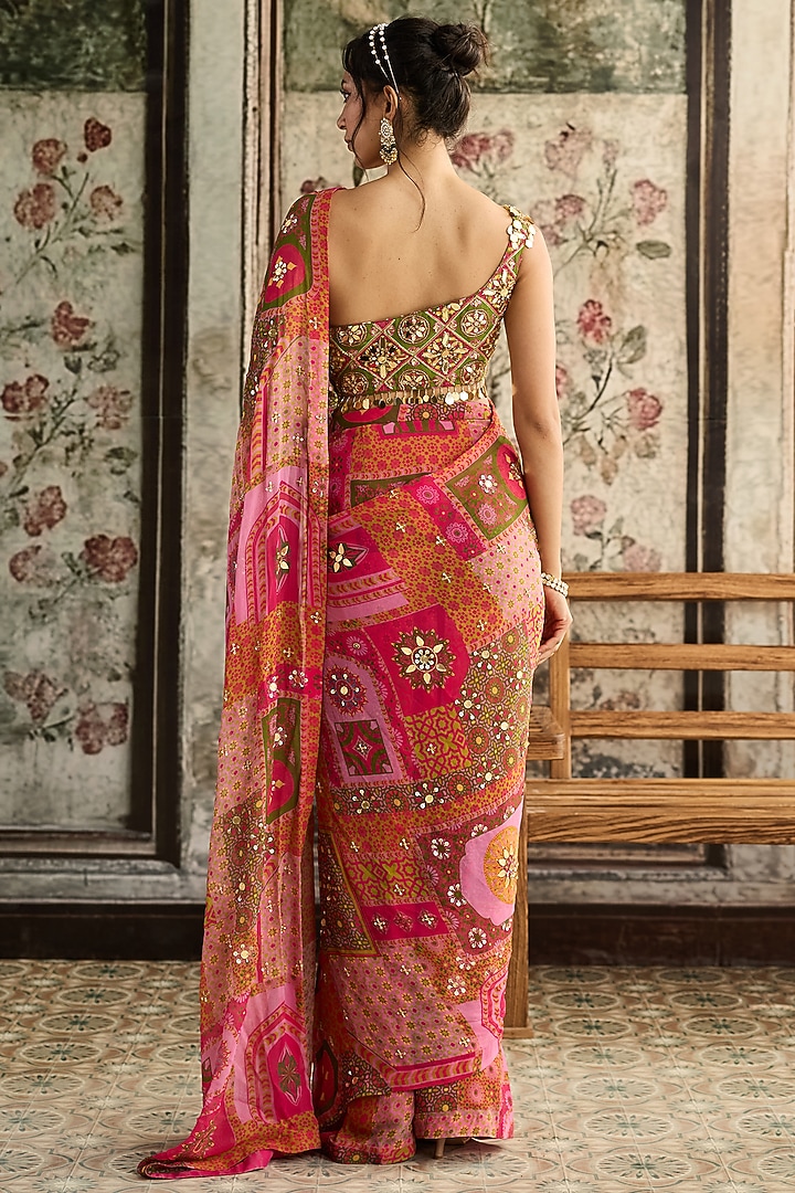 Yellow & Fuchsia Crepe Jaal Printed Draped Wedding Saree Set by DiyaRajvvir at Pernia's Pop Up Shop