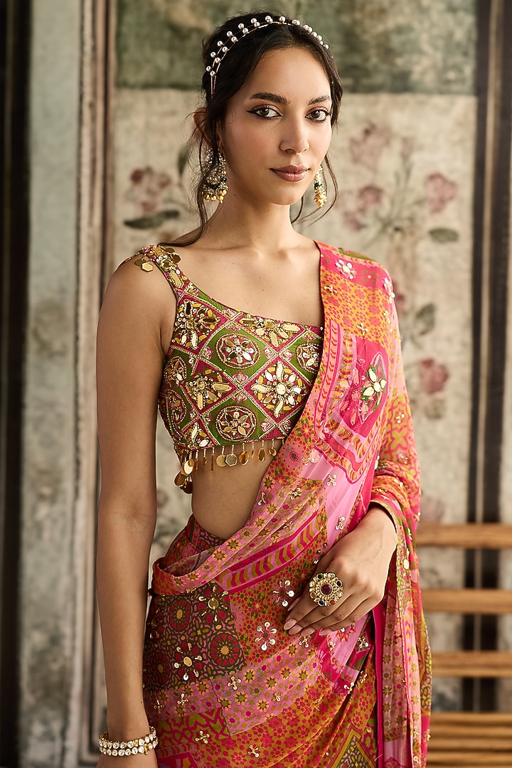 Yellow & Fuchsia Crepe Jaal Printed Draped Wedding Saree Set by DiyaRajvvir at Pernia's Pop Up Shop