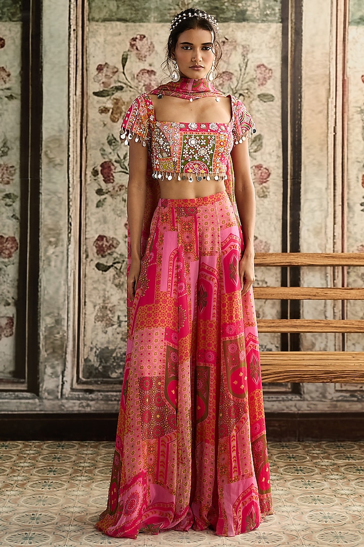 Fuchsia & Yellow Crepe Jaal Printed Wedding Sharara Set by DiyaRajvvir at Pernia's Pop Up Shop