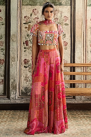 Fuchsia & Yellow Crepe Jaal Printed Sharara Set by DiyaRajvvir