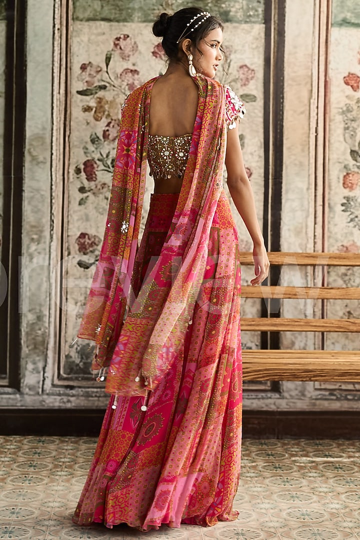Fuchsia & Yellow Crepe Jaal Printed Wedding Sharara Set by DiyaRajvvir at Pernia's Pop Up Shop