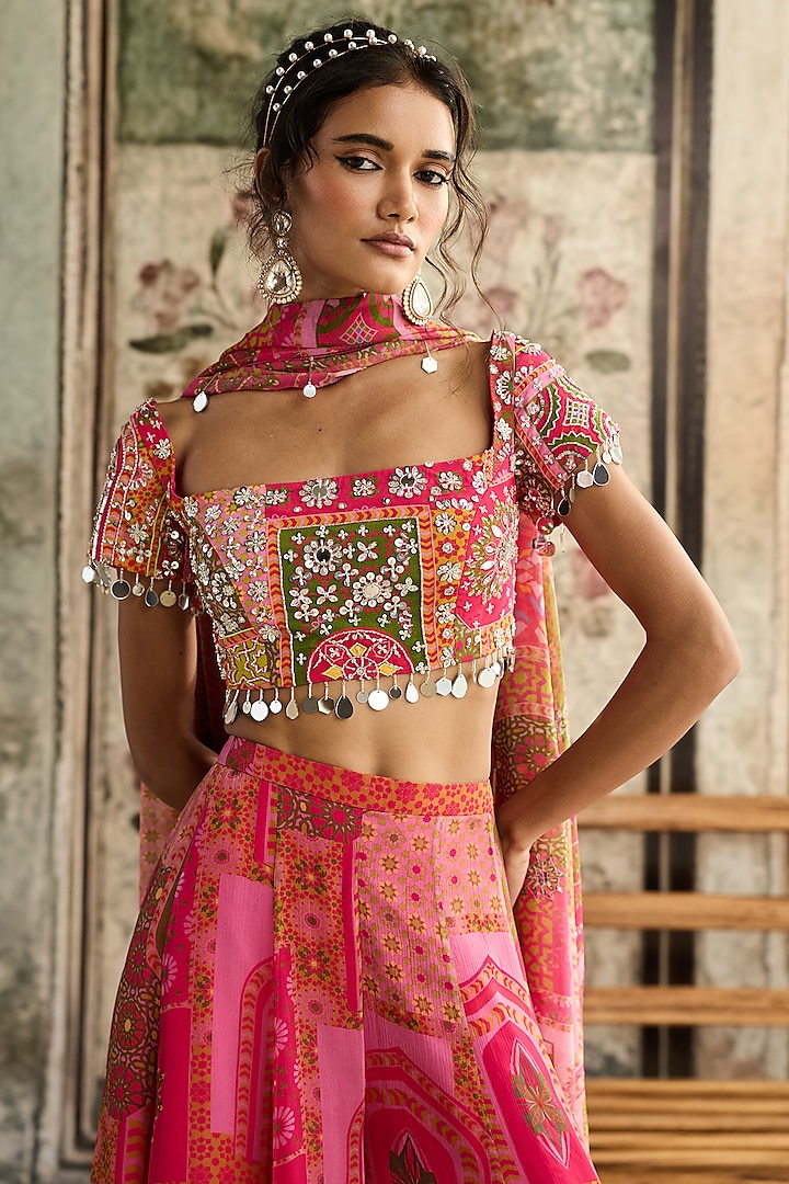Fuchsia & Yellow Crepe Jaal Printed Wedding Sharara Set by DiyaRajvvir at Pernia's Pop Up Shop