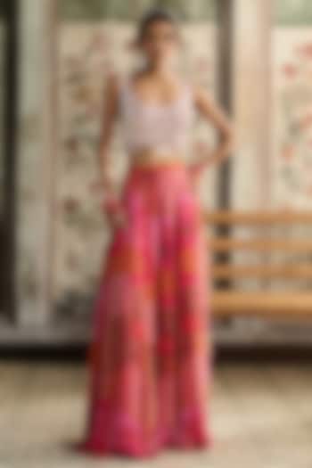 Fuchsia & Yellow Crepe Jaal Printed Wedding Sharara Set by DiyaRajvvir at Pernia's Pop Up Shop