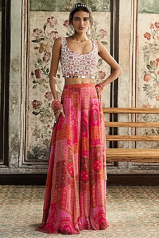 Fuchsia & Yellow Crepe Jaal Printed Sharara Set by DiyaRajvvir