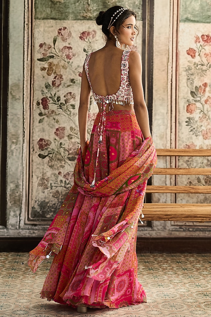 Fuchsia & Yellow Crepe Jaal Printed Wedding Sharara Set by DiyaRajvvir at Pernia's Pop Up Shop