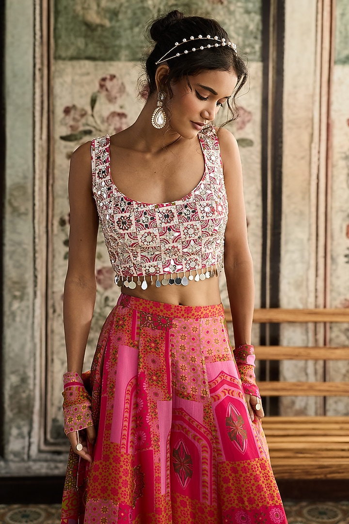 Fuchsia & Yellow Crepe Jaal Printed Wedding Sharara Set by DiyaRajvvir at Pernia's Pop Up Shop
