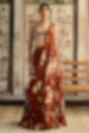 Rust Crepe & Georgette Floral Printed Mermaid Wedding Saree Set by DiyaRajvvir at Pernia's Pop Up Shop