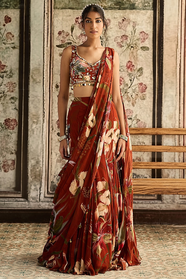Rust Crepe & Georgette Floral Printed Mermaid Wedding Saree Set by DiyaRajvvir at Pernia's Pop Up Shop