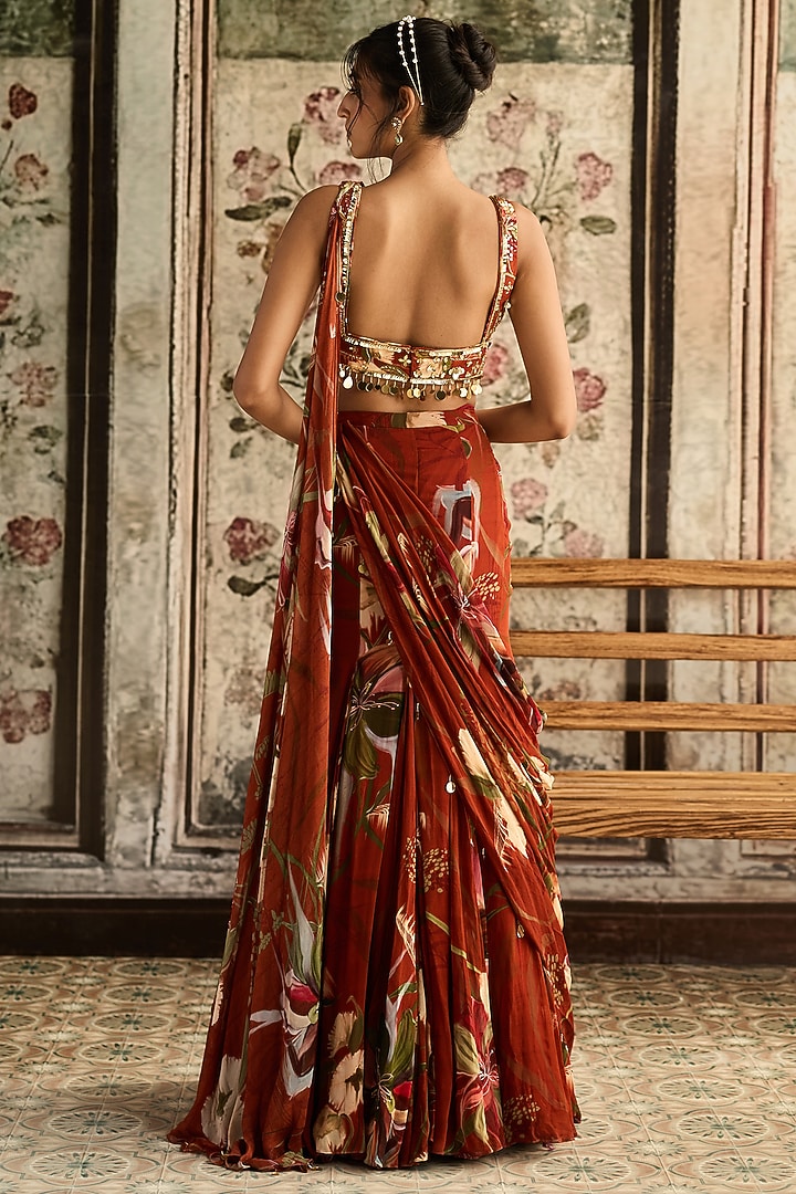 Rust Crepe & Georgette Floral Printed Mermaid Wedding Saree Set by DiyaRajvvir at Pernia's Pop Up Shop