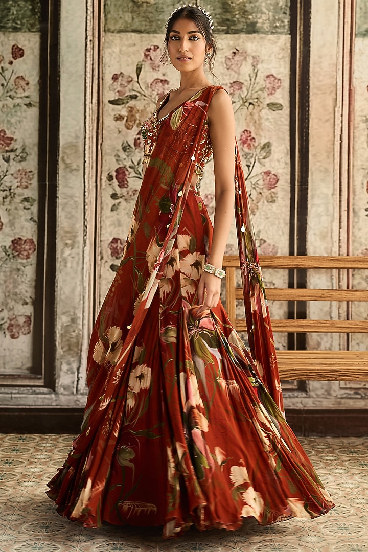 Rust Crepe & Georgette Floral Printed Mermaid Wedding Saree Set by DiyaRajvvir at Pernia's Pop Up Shop