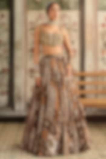 Caramel Brown Crepe & Georgette Jaal Printed Wedding Lehenga Set by DiyaRajvvir at Pernia's Pop Up Shop