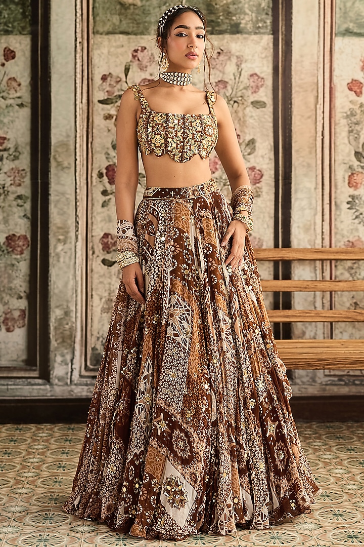 Caramel Brown Crepe & Georgette Jaal Printed Wedding Lehenga Set by DiyaRajvvir at Pernia's Pop Up Shop