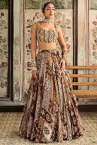 Caramel Brown Crepe & Georgette Jaal Printed Lehenga Set by DiyaRajvvir