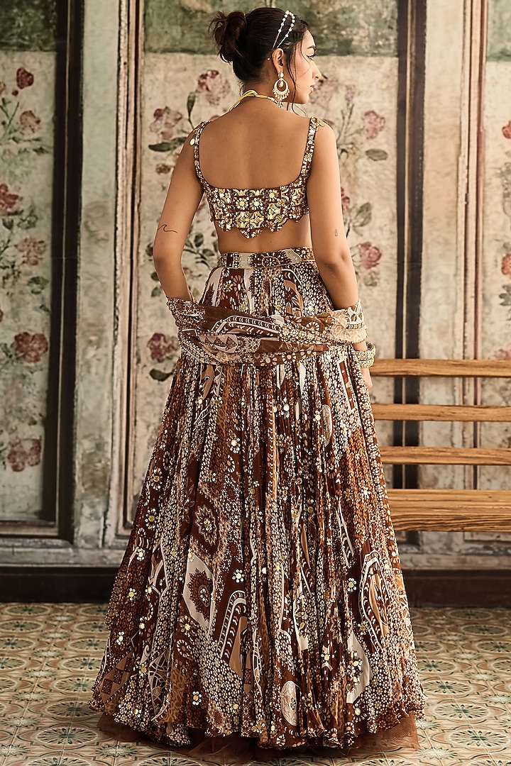 Caramel Brown Crepe & Georgette Jaal Printed Wedding Lehenga Set by DiyaRajvvir at Pernia's Pop Up Shop