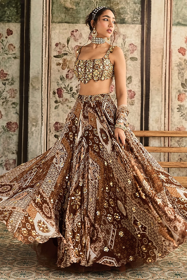 Caramel Brown Crepe & Georgette Jaal Printed Wedding Lehenga Set by DiyaRajvvir at Pernia's Pop Up Shop
