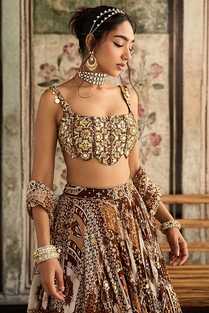 Caramel Brown Crepe & Georgette Jaal Printed Wedding Lehenga Set by DiyaRajvvir at Pernia's Pop Up Shop