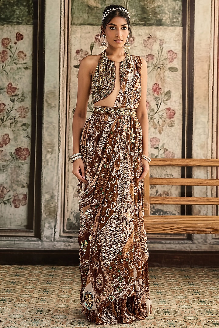 Caramel Brown Tulle & Georgette Jaal Printed Tiered Skirt Wedding Saree Set by DiyaRajvvir at Pernia's Pop Up Shop