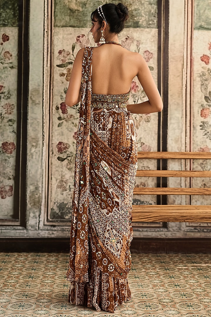Caramel Brown Tulle & Georgette Jaal Printed Tiered Skirt Wedding Saree Set by DiyaRajvvir at Pernia's Pop Up Shop