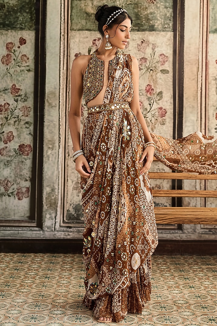 Caramel Brown Tulle & Georgette Jaal Printed Tiered Skirt Wedding Saree Set by DiyaRajvvir at Pernia's Pop Up Shop
