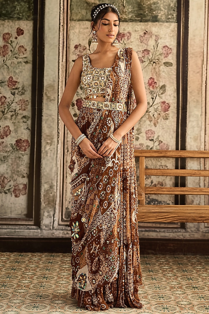 Caramel Brown Crepe & Georgette Jaal Printed Tiered Skirt Wedding Saree Set by DiyaRajvvir at Pernia's Pop Up Shop