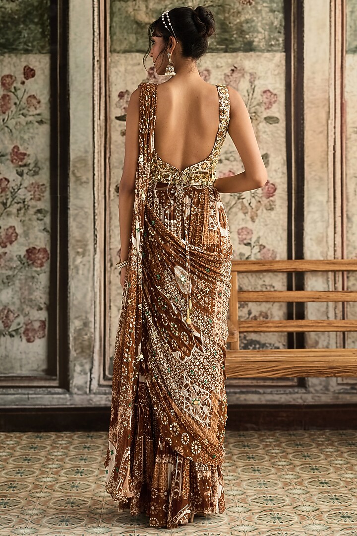 Caramel Brown Crepe & Georgette Jaal Printed Tiered Skirt Wedding Saree Set by DiyaRajvvir at Pernia's Pop Up Shop