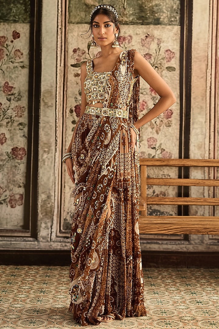Caramel Brown Crepe & Georgette Jaal Printed Tiered Skirt Wedding Saree Set by DiyaRajvvir at Pernia's Pop Up Shop