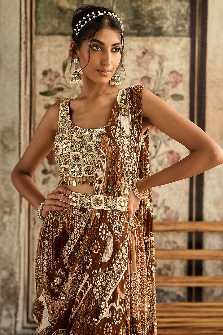 Caramel Brown Crepe & Georgette Jaal Printed Tiered Skirt Wedding Saree Set by DiyaRajvvir at Pernia's Pop Up Shop