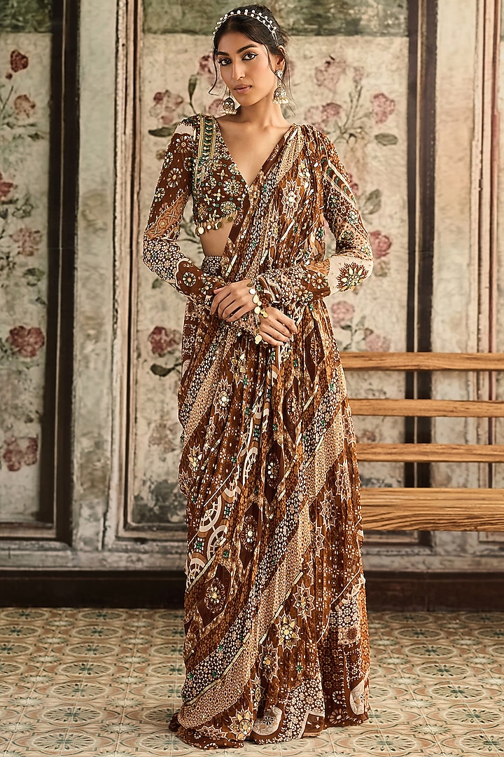 Caramel Brown Crepe & Georgette Jaal Printed Sharara Wedding Saree Set by DiyaRajvvir at Pernia's Pop Up Shop