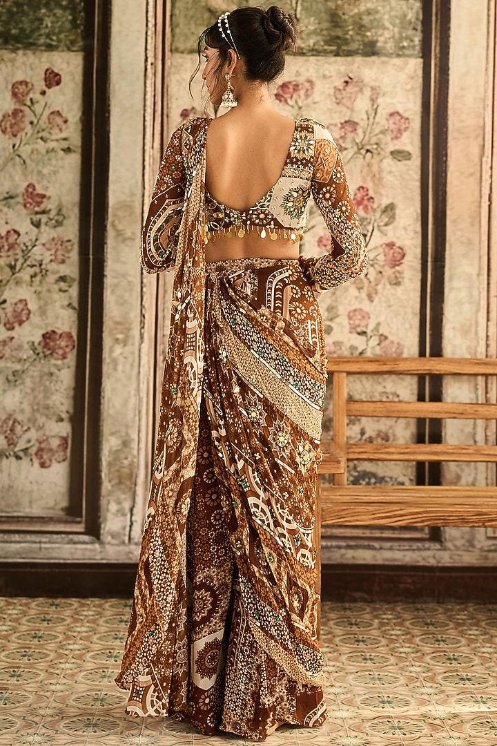 Caramel Brown Crepe & Georgette Jaal Printed Sharara Wedding Saree Set by DiyaRajvvir at Pernia's Pop Up Shop