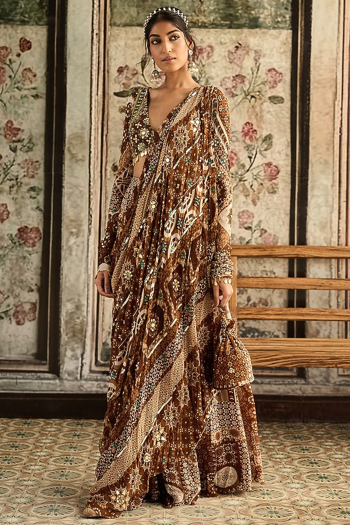 Caramel Brown Crepe & Georgette Jaal Printed Sharara Wedding Saree Set by DiyaRajvvir at Pernia's Pop Up Shop