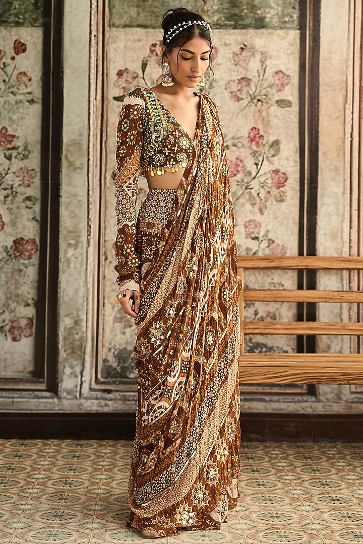 Caramel Brown Crepe & Georgette Jaal Printed Sharara Wedding Saree Set by DiyaRajvvir at Pernia's Pop Up Shop