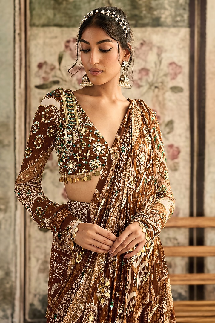 Caramel Brown Crepe & Georgette Jaal Printed Sharara Wedding Saree Set by DiyaRajvvir at Pernia's Pop Up Shop