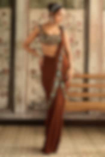 Caramel Brown Tulle & Georgette Pre-Draped Wedding Saree Set by DiyaRajvvir at Pernia's Pop Up Shop