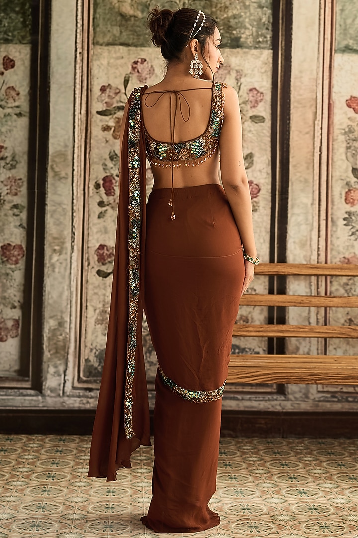Caramel Brown Tulle & Georgette Pre-Draped Wedding Saree Set by DiyaRajvvir at Pernia's Pop Up Shop