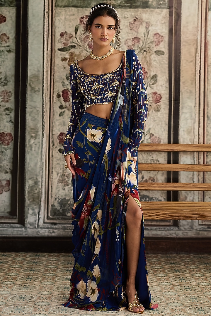Blue Crepe & Georgette Floral Printed Slit Skirt Wedding Saree Set by DiyaRajvvir at Pernia's Pop Up Shop