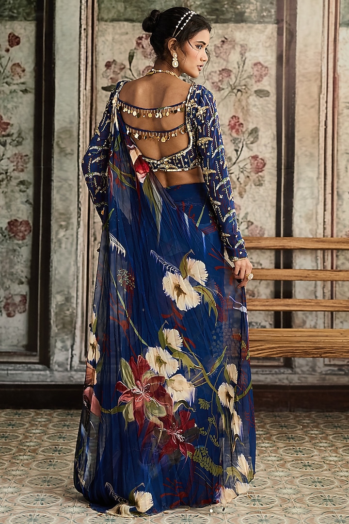 Blue Crepe & Georgette Floral Printed Slit Skirt Wedding Saree Set by DiyaRajvvir at Pernia's Pop Up Shop