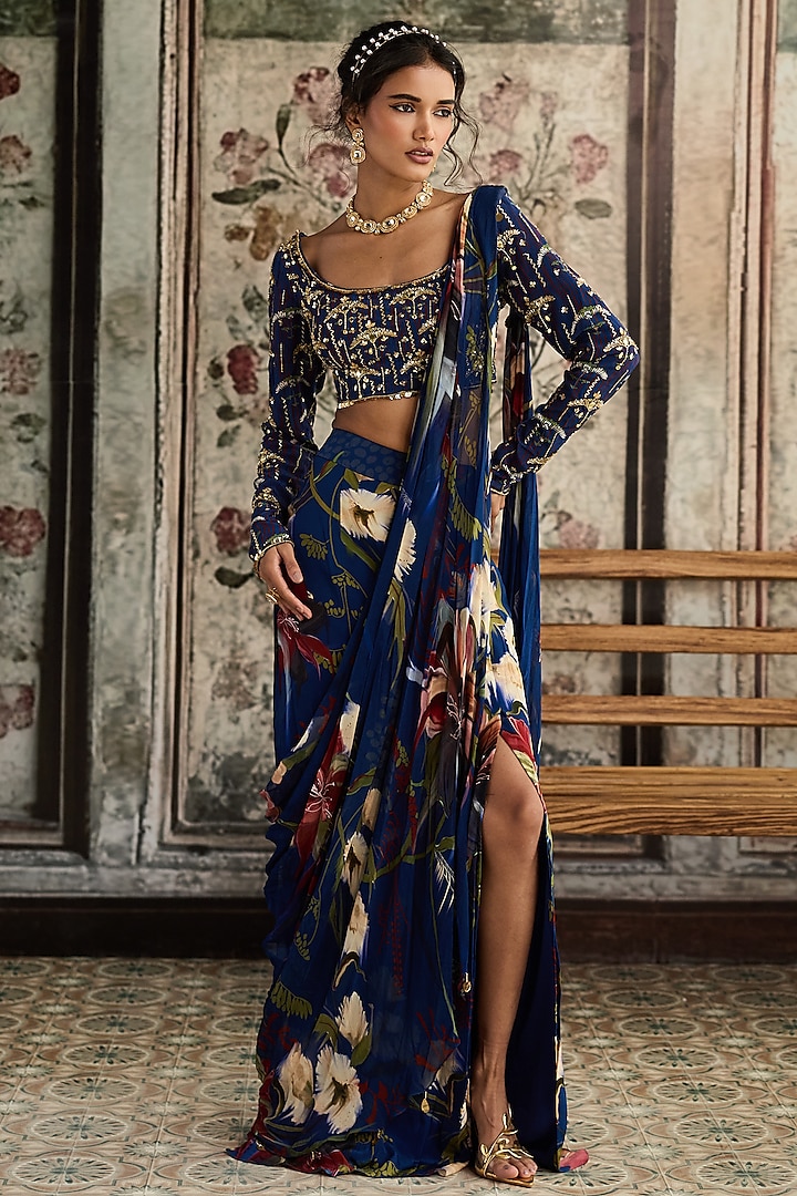 Blue Crepe & Georgette Floral Printed Slit Skirt Wedding Saree Set by DiyaRajvvir at Pernia's Pop Up Shop