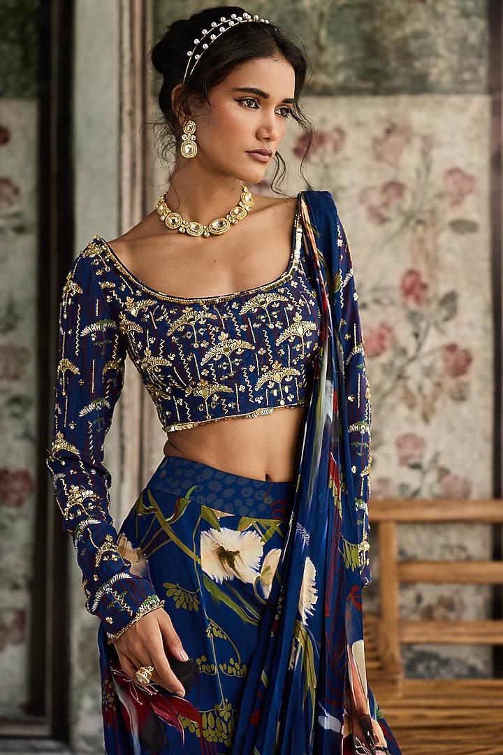 Blue Crepe & Georgette Floral Printed Slit Skirt Wedding Saree Set by DiyaRajvvir at Pernia's Pop Up Shop