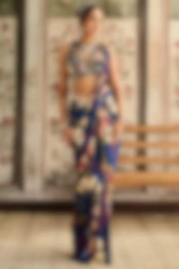 Blue Crepe Floral Printed Skirt Wedding Saree Set by DiyaRajvvir at Pernia's Pop Up Shop
