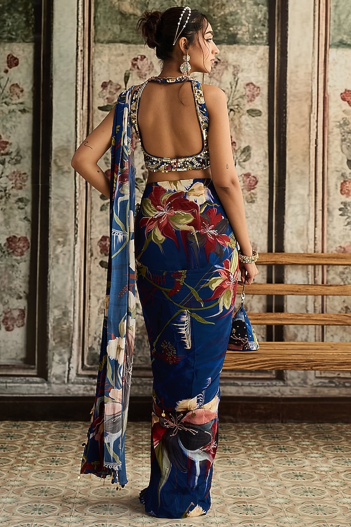 Blue Crepe Floral Printed Skirt Wedding Saree Set by DiyaRajvvir at Pernia's Pop Up Shop