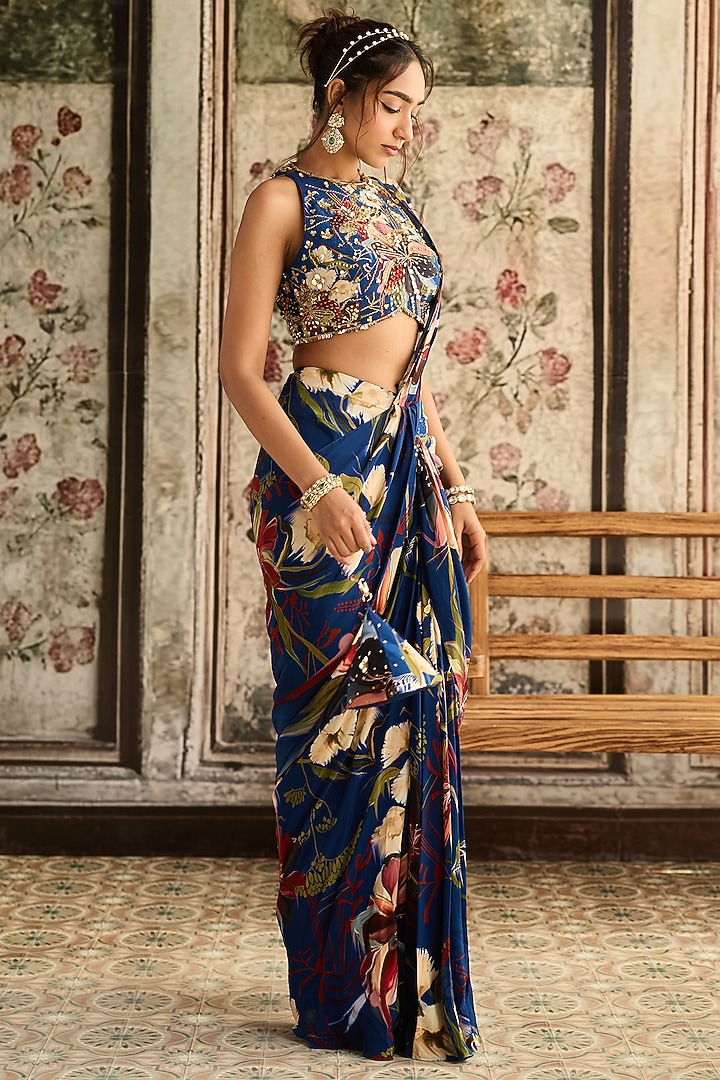 Blue Crepe Floral Printed Skirt Wedding Saree Set by DiyaRajvvir at Pernia's Pop Up Shop