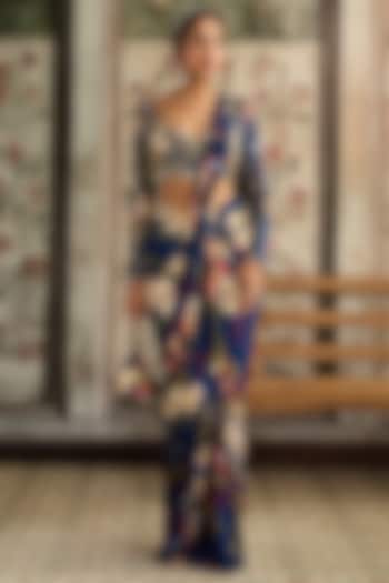 Blue Crepe Floral Printed Slit Skirt Wedding Saree Set by DiyaRajvvir at Pernia's Pop Up Shop