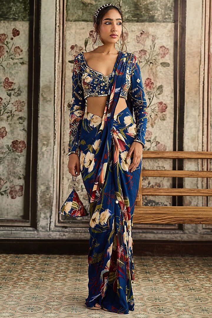 Blue Crepe Floral Printed Slit Skirt Wedding Saree Set by DiyaRajvvir at Pernia's Pop Up Shop