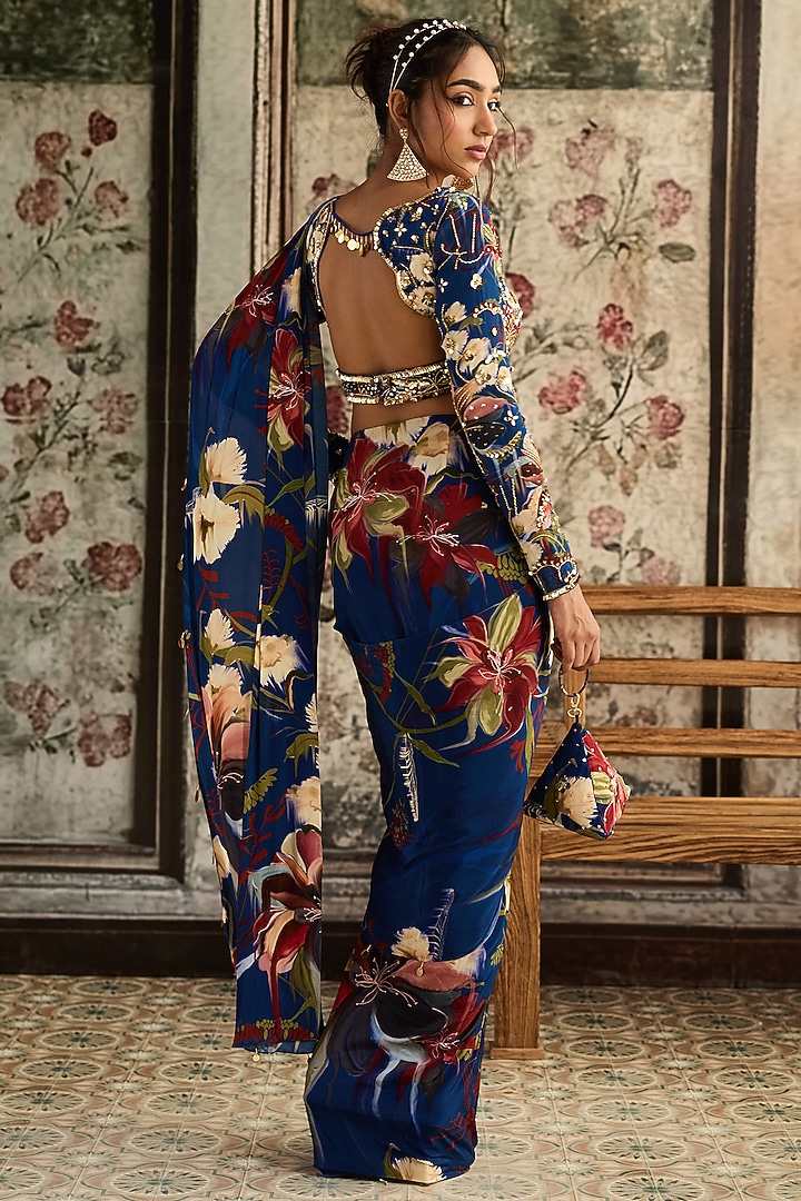 Blue Crepe Floral Printed Slit Skirt Wedding Saree Set by DiyaRajvvir at Pernia's Pop Up Shop