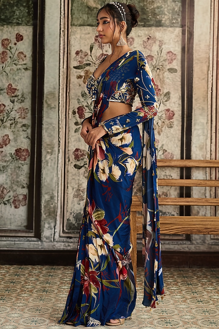 Blue Crepe Floral Printed Slit Skirt Wedding Saree Set by DiyaRajvvir at Pernia's Pop Up Shop