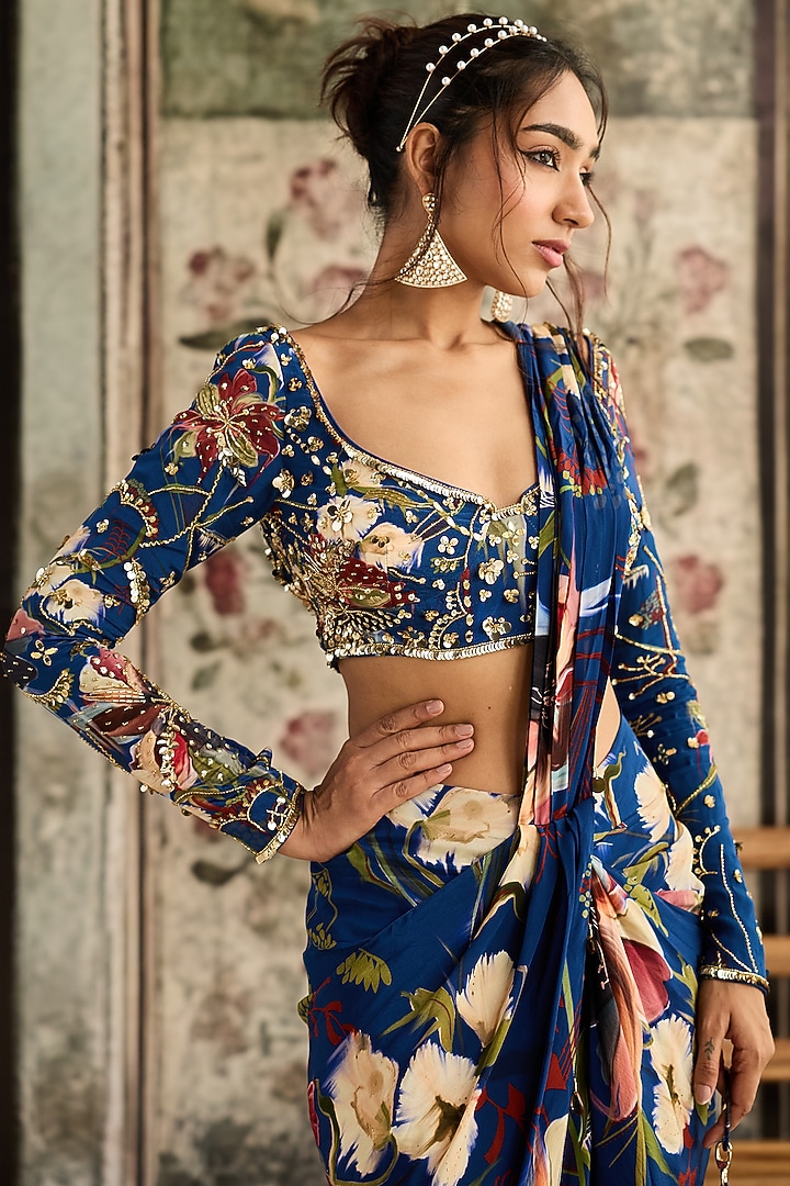 Blue Crepe Floral Printed Slit Skirt Wedding Saree Set by DiyaRajvvir at Pernia's Pop Up Shop