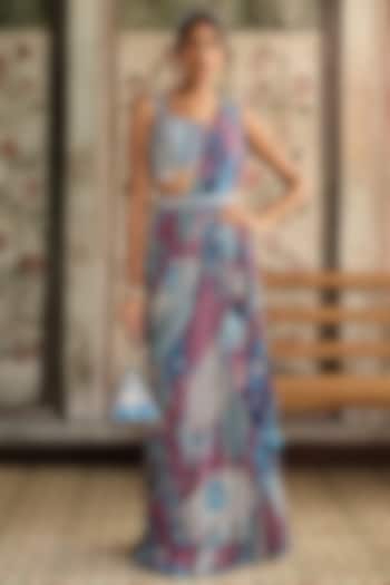 Teal Blue Crepe & Georgette Printed Tiered Skirt Wedding Saree Set by DiyaRajvvir at Pernia's Pop Up Shop